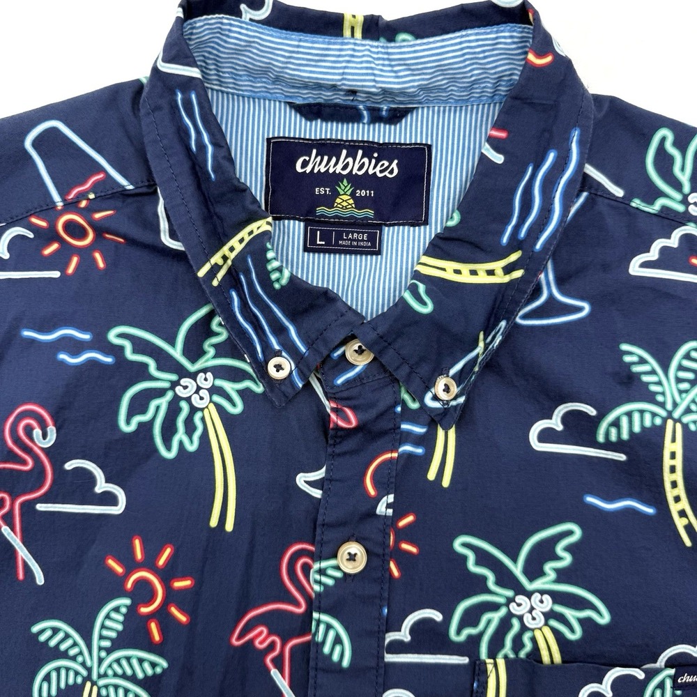 Chubbies‎ Button Down Men L Navy Blue Neon Tropical Flamingo Short Sleeve Shirt